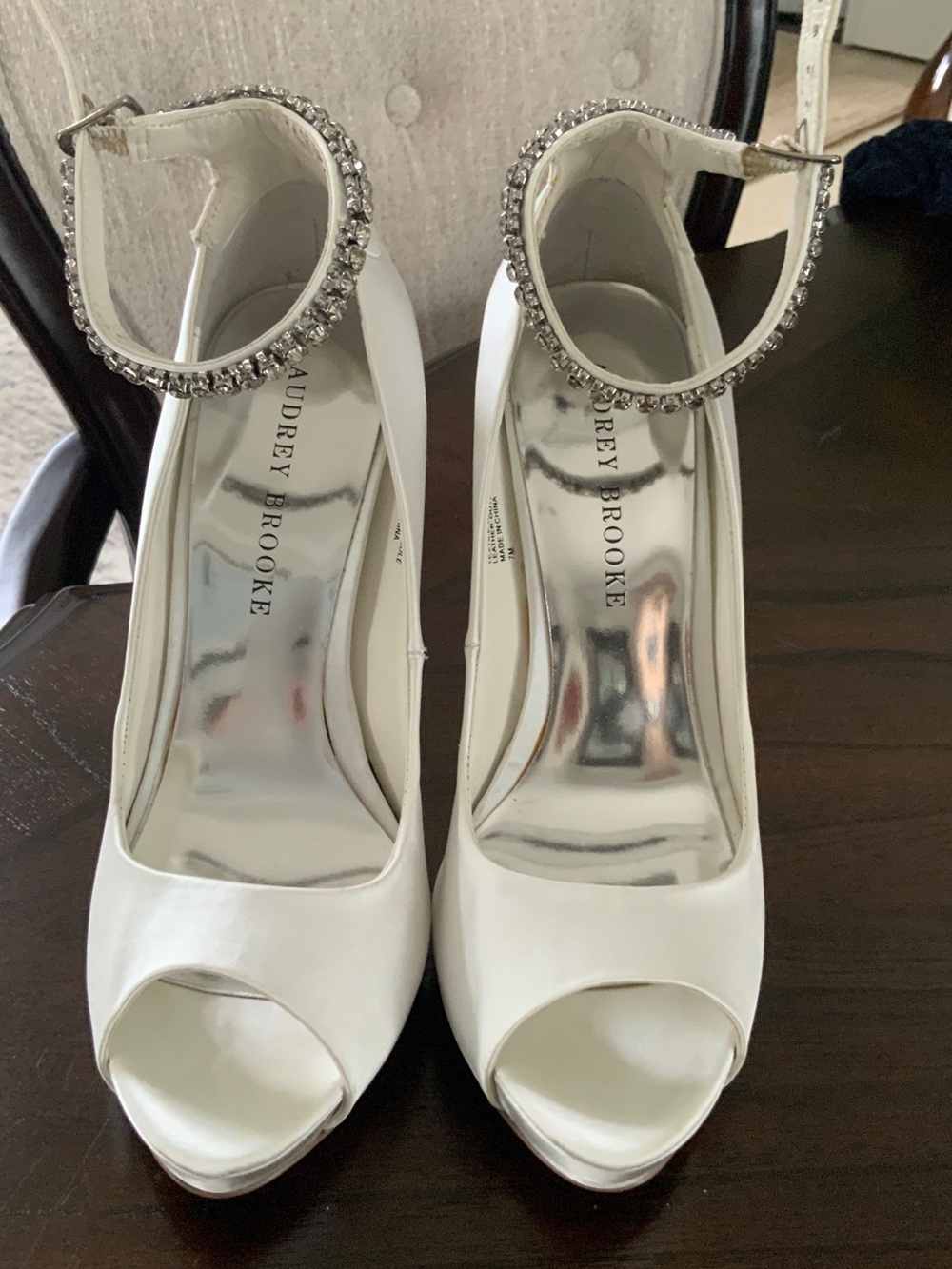 Audrey Brooke White Satin Peep-Toe Heels with Rhinestone Ankle Strap/Wedding